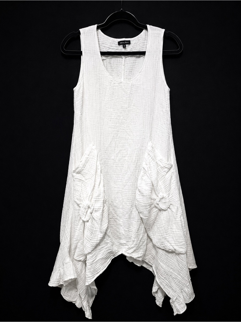 Asymmetrical White Textured Pocket-Knot Summer Dress